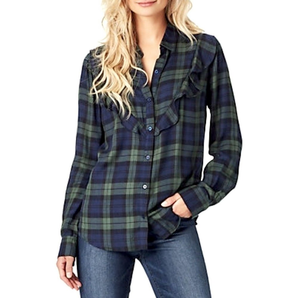 Jessica Simpson Watch Plaid Flannel Button Up Shirt Sz L Long Sleeve Ruffle